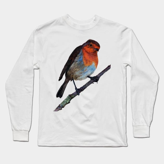 Robin Redbreast Coloured Pencil Drawing Long Sleeve T-Shirt by DeborahMcGrath